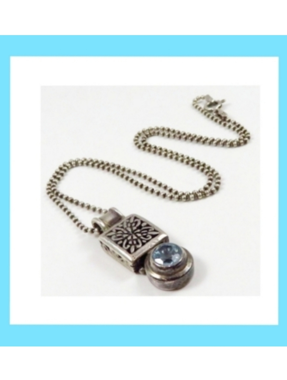 Blue Topaz 925 Sterling Silver Pendant Floral Bead Ball Chain Necklace 16"